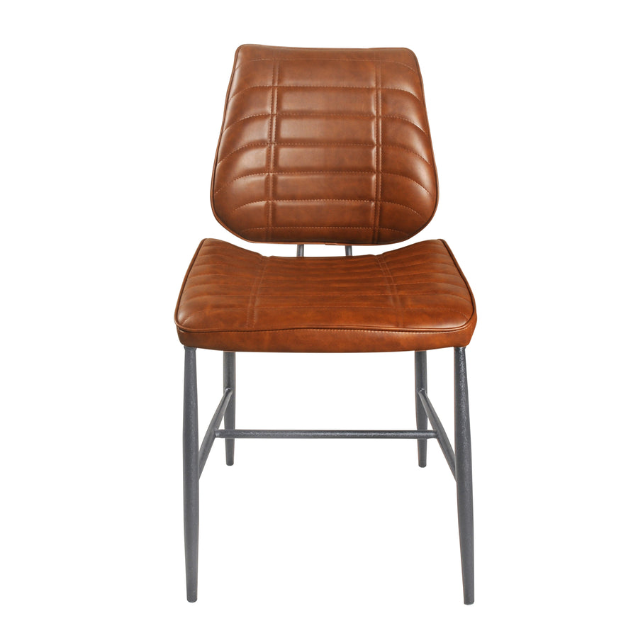 leather tan dining chair with steel legs on a white background