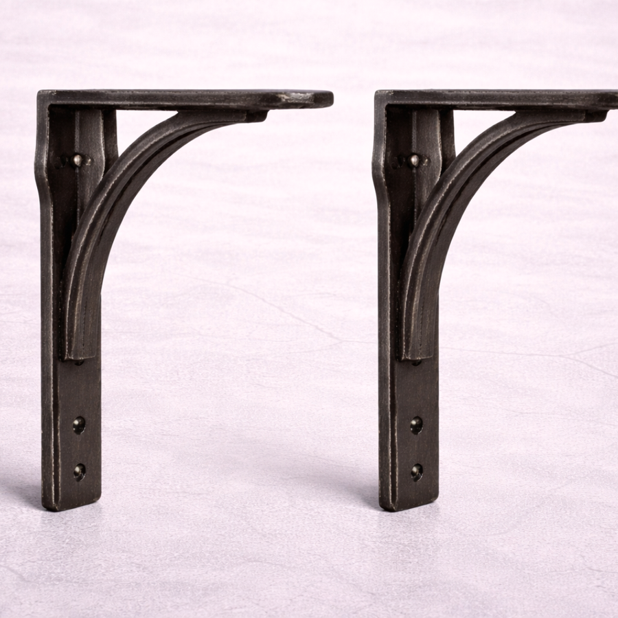 Cast iron metal shelf bracket in gallows style with radiator lugs, 100mm deep by 100mm high, antique iron finish
