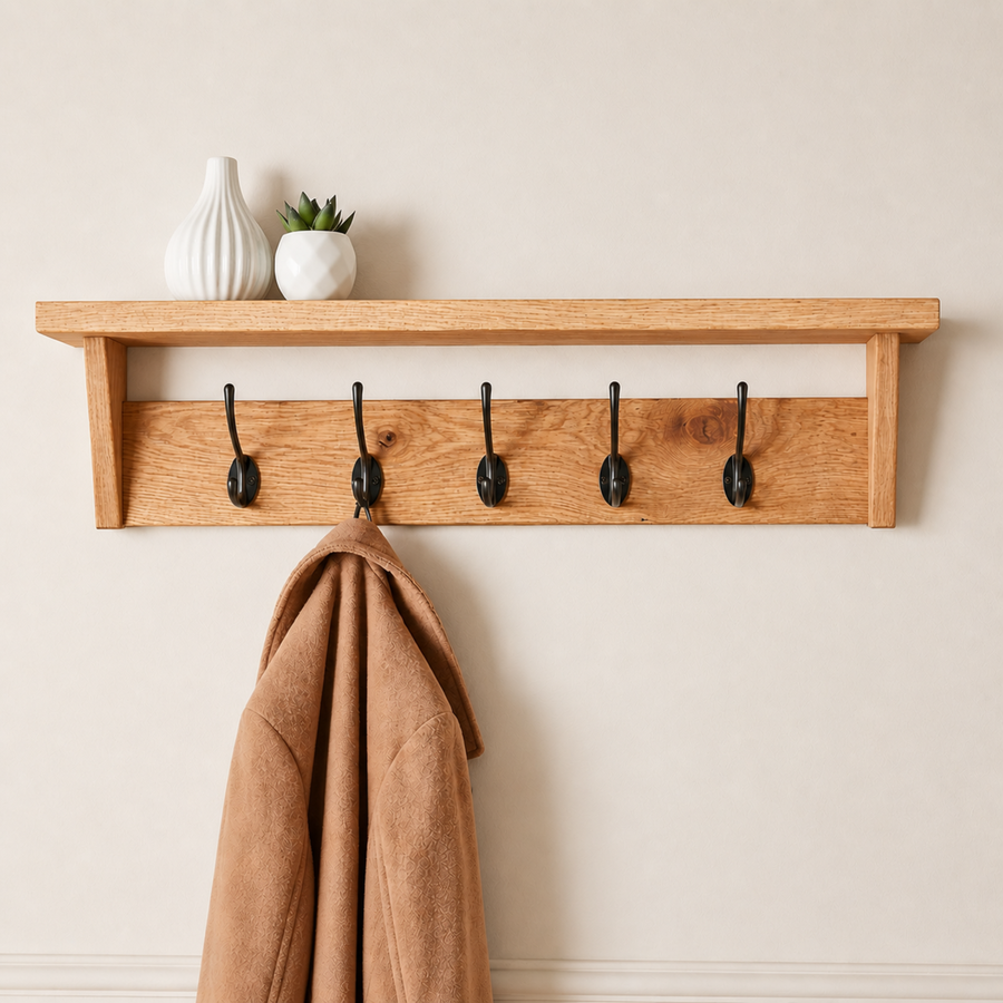 Solid oak coat rack with shelf, Heritage Oak finish, wall mounted with cast iron hooks