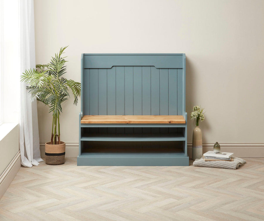 Front view of a hallway bench with shoe storage