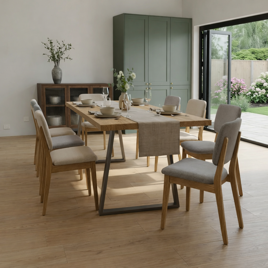 oak dining table with metal legs in kitchen setting