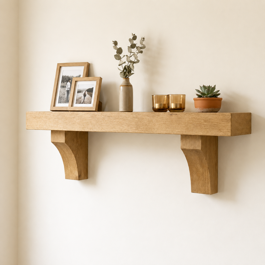 Solid oak shelf on two arched corbel brackets, 5cm thick, mounted on a wall