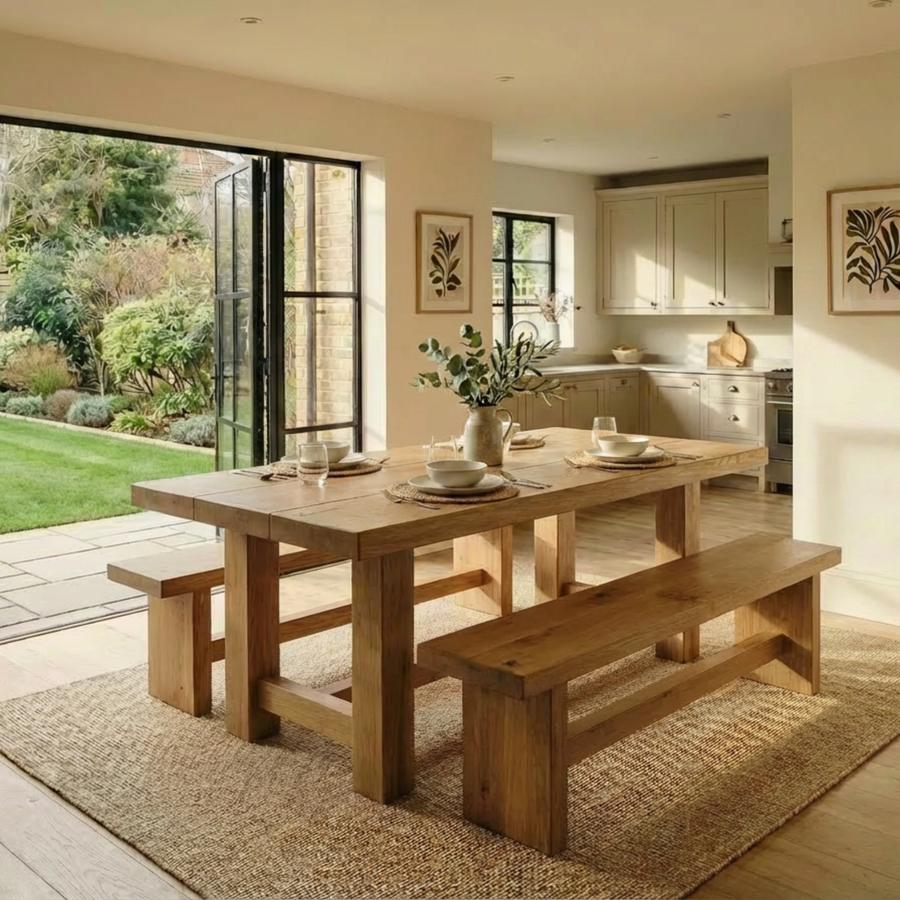 chunky pine farmhouse dining table and bench set with thick straight legs in bright kitchen with garden view