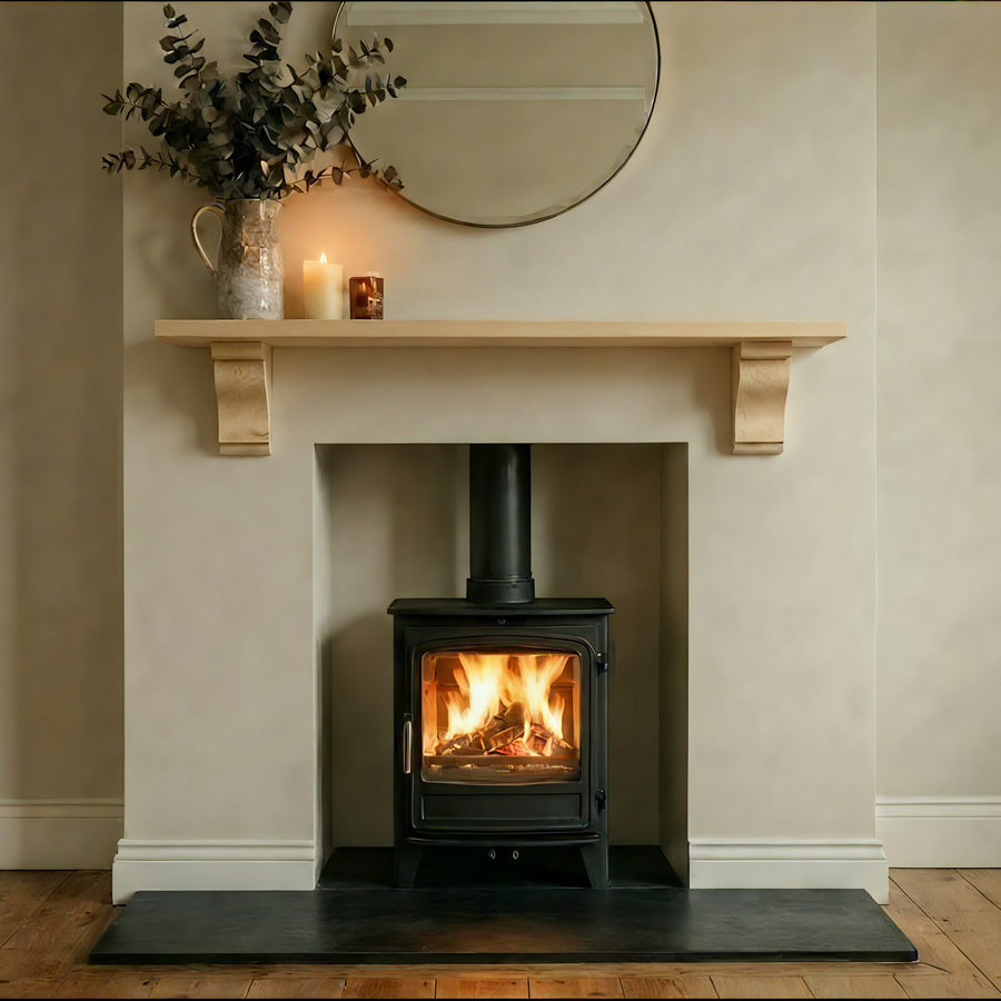 Pine corbel mantel shelf mounted above a fireplace, a solid timber shelf on two decorative corbels