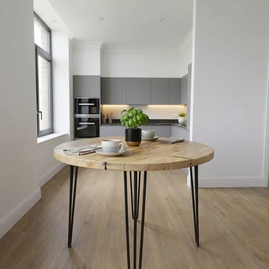 side view of round wooden dining table with metal hairpin legs