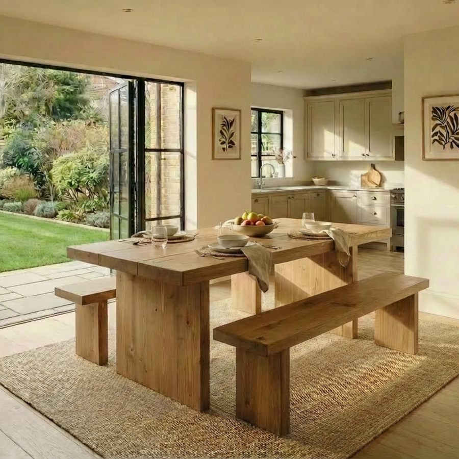 Rustic pine pedestal dining table and bench set with plank top and solid block base in bright farmhouse kitchen