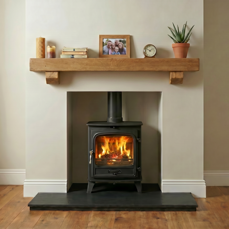 Rustic oak beam shelf with corbels mounted on a wall, shown front on with its chunky square profile