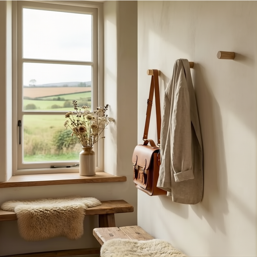 Three solid oak coat pegs mounted in row side angle with coat and bag hanging