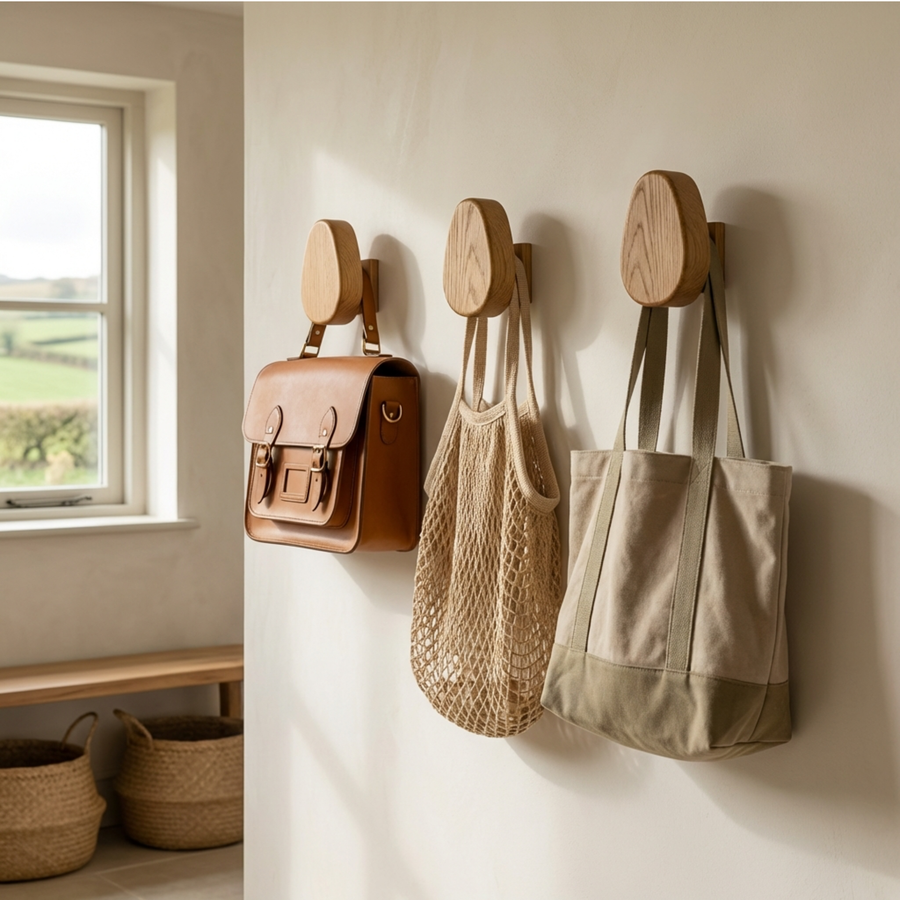 Three solid oak oval wooden wall hooks mounted in hallway with bags hanging