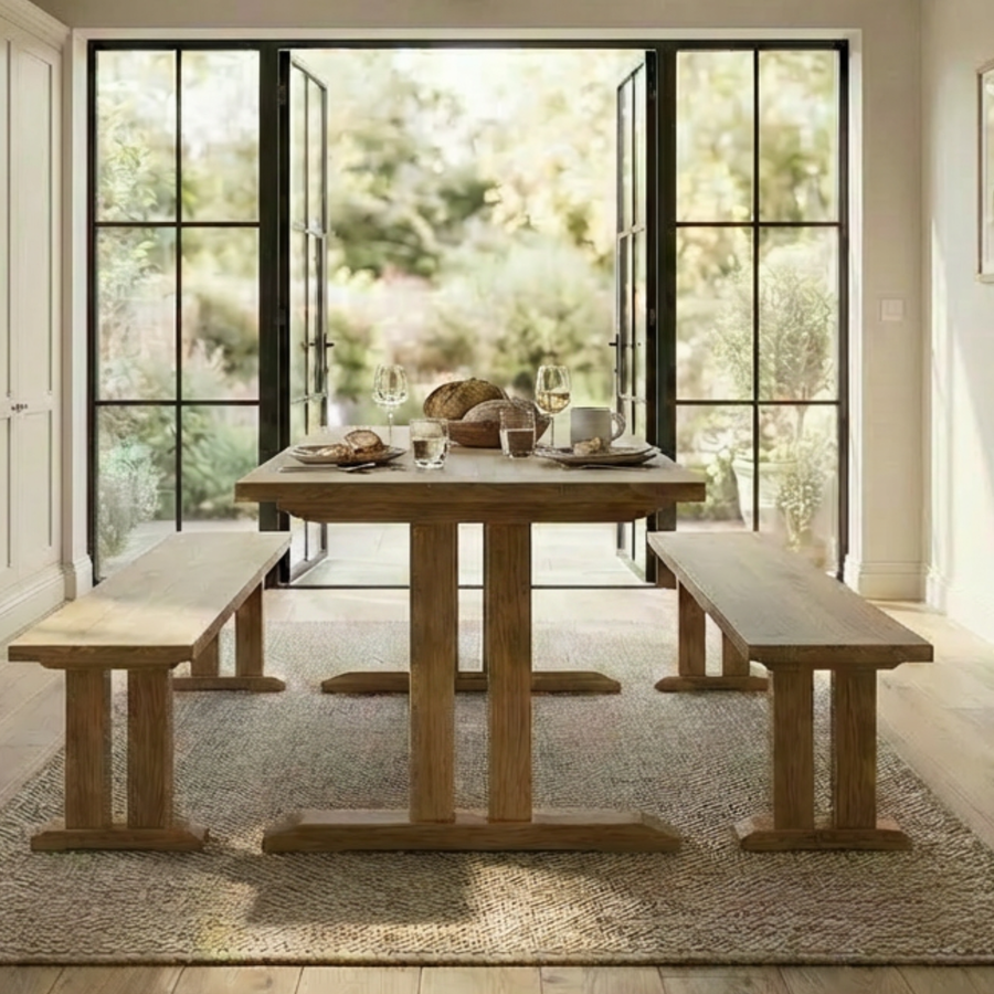 solid oak dining table and benches with T leg base in a bright room with large windows.