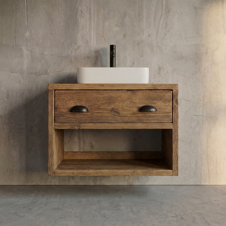 Wall mounted wood vanity unit made from solid FSC certified pine in dark wax finish