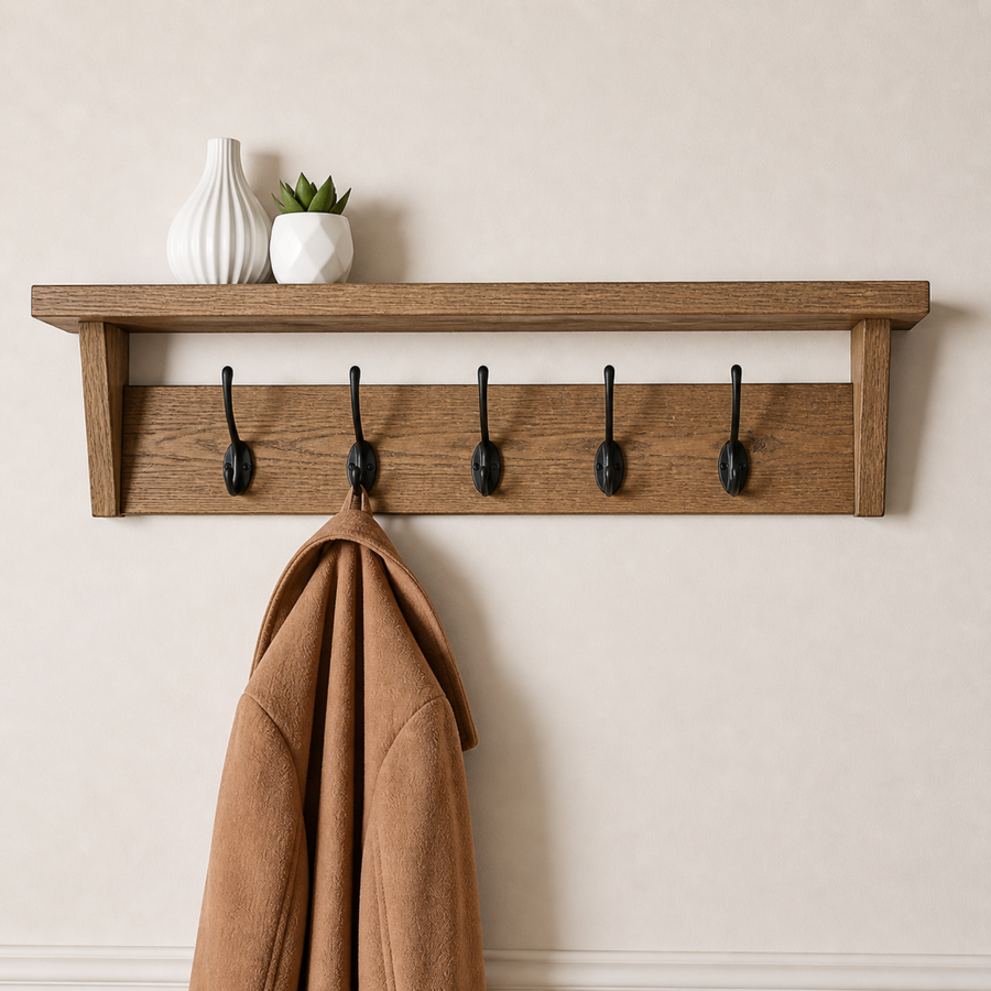 Solid Oak Walnut Coat Rack with Shelf