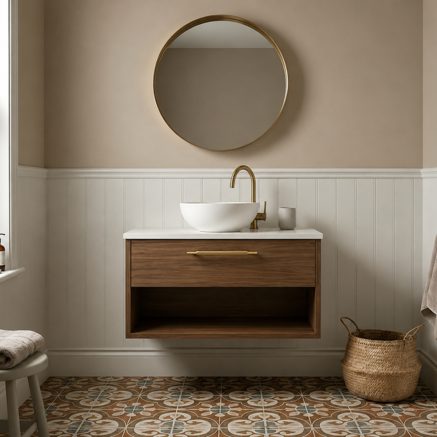 Dark wood wall hung vanity unit in solid Sapele with a drawer and open shelf
