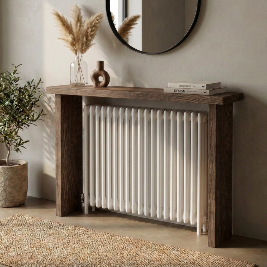 Slim solid pine radiator console table on two wooden legs, sitting over a radiator