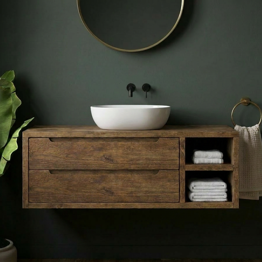 Ripponden wall hung vanity unit in solid wood with two drawers and open shelving