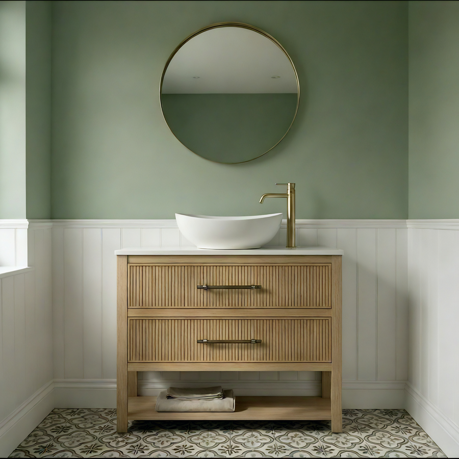 Fluted oak vanity unit with a white solid surface top in a bathroom