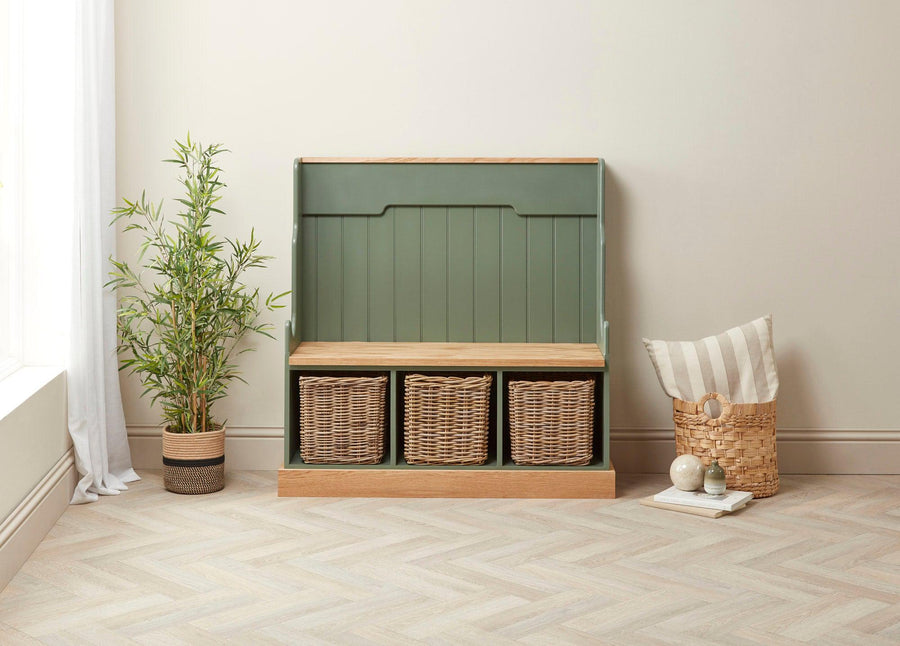 Front view of a hallway bench with storage