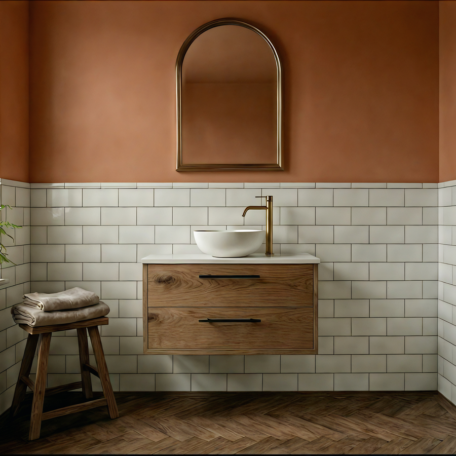 Oak wall hung vanity unit in solid oak with two drawers in a bathroom