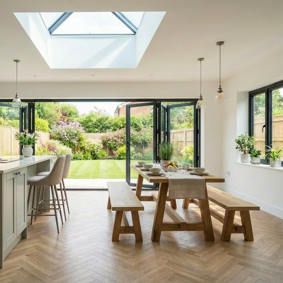 oak dining table and bench set with a frame legs in kitchen