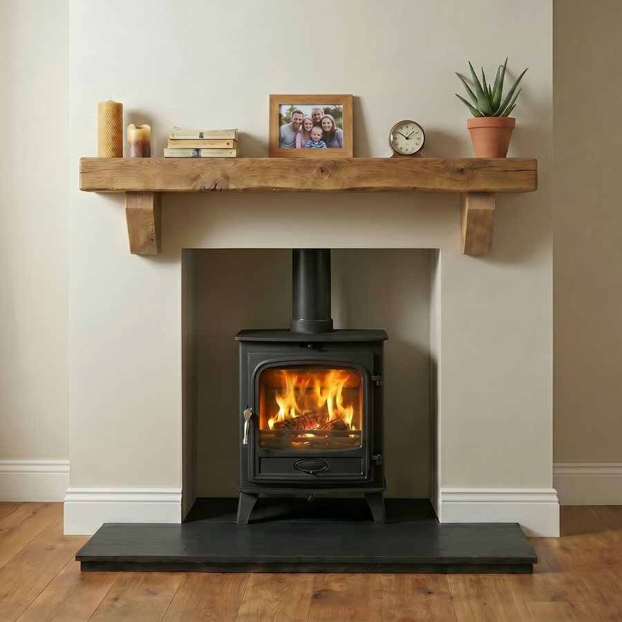 Oak fireplace shelf with corbels mounted above a fireplace, a solid oak mantel shelf on two corbels