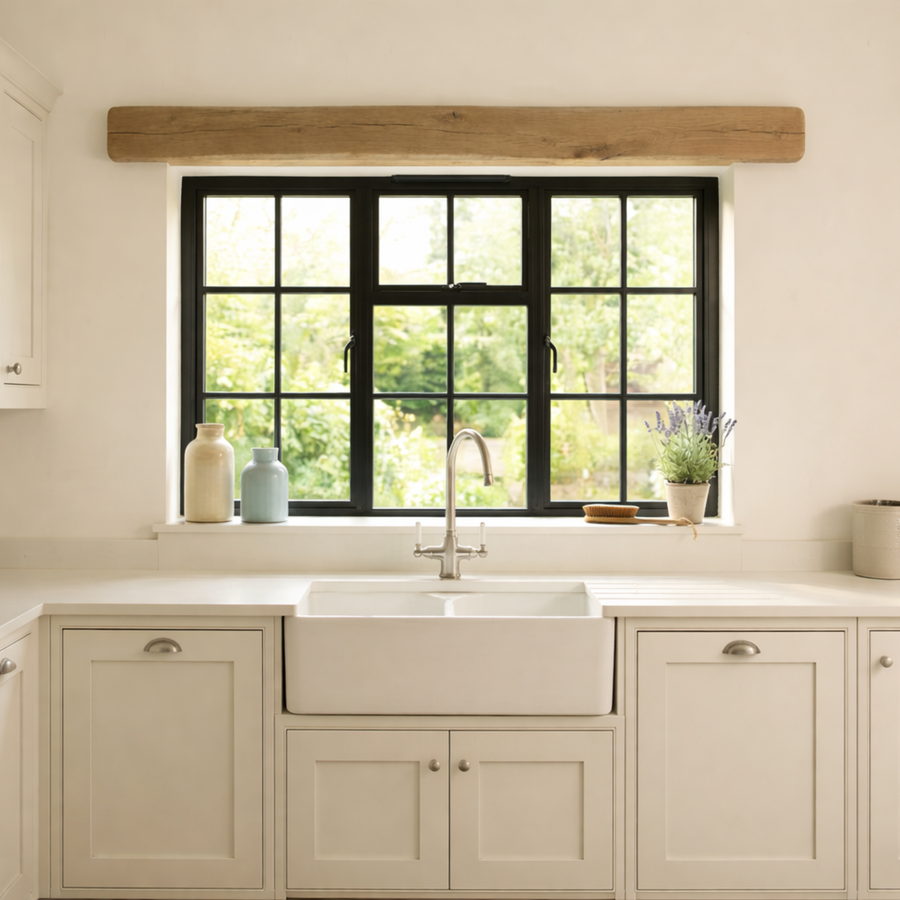 Oak window beam 100mm x 40mm installed above window as a decorative wooden beam feature