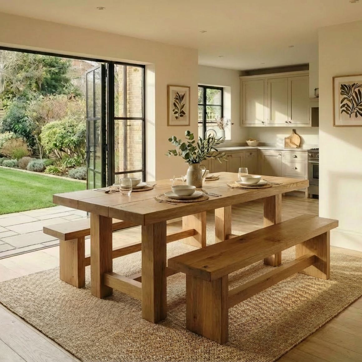 Chunky Pine Farmhouse Dining Table and Bench Set - Off the Grain