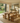 chunky pine farmhouse dining table and bench set with thick straight legs in bright kitchen with garden view