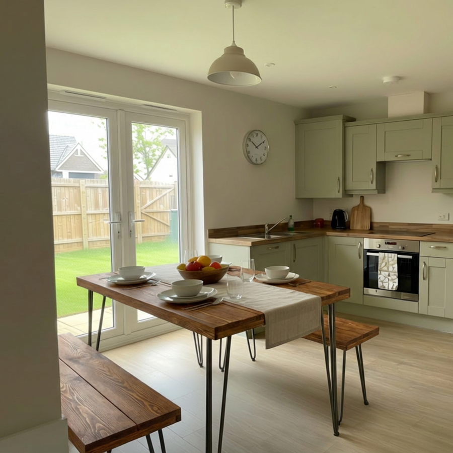 rustic dining table and bench set with hairpin legs in kitchen