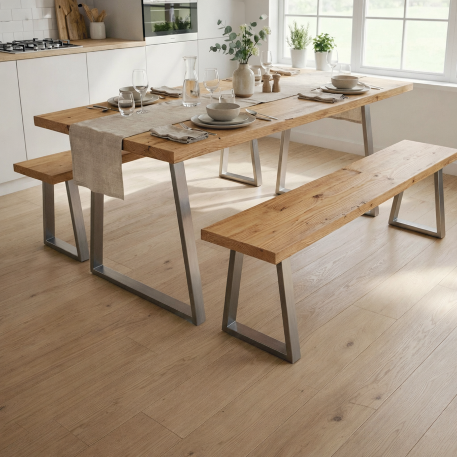 rustic dining table with metal legs in a kitchen setting showing solid wood top