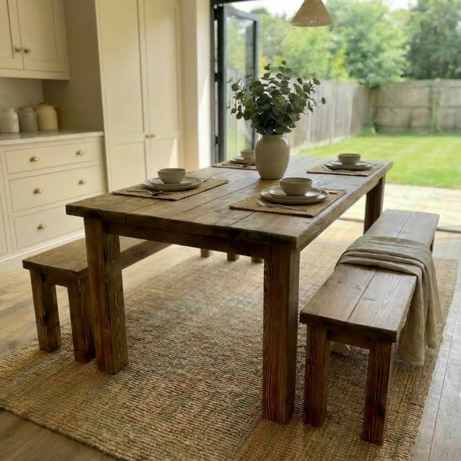 Rustic pine farmhouse dining table and bench set with straight legs in a bright kitchen with natural light and garden view