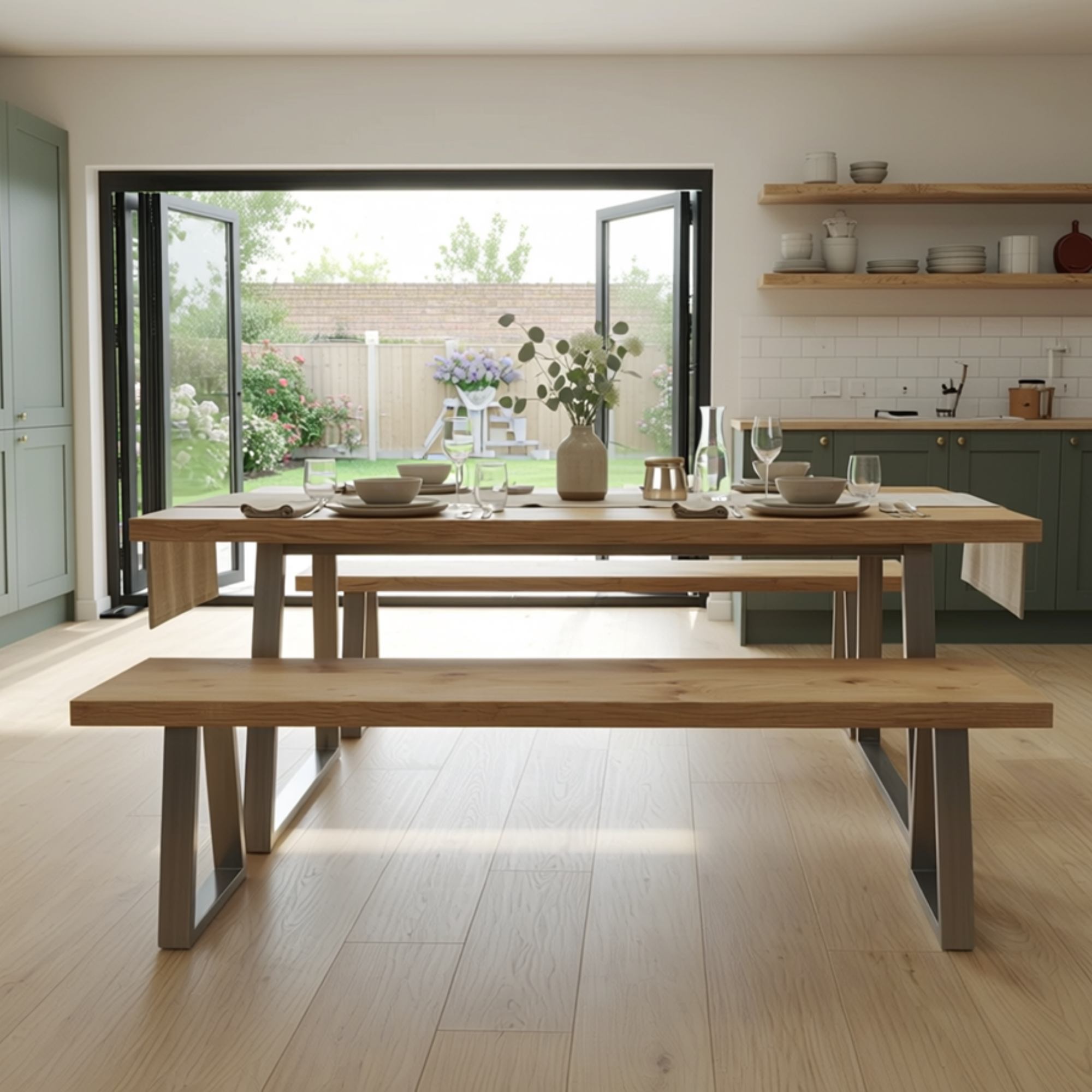 Oak Dining Table and Bench Set with Metal Legs | Solid Oak - Off the Grain