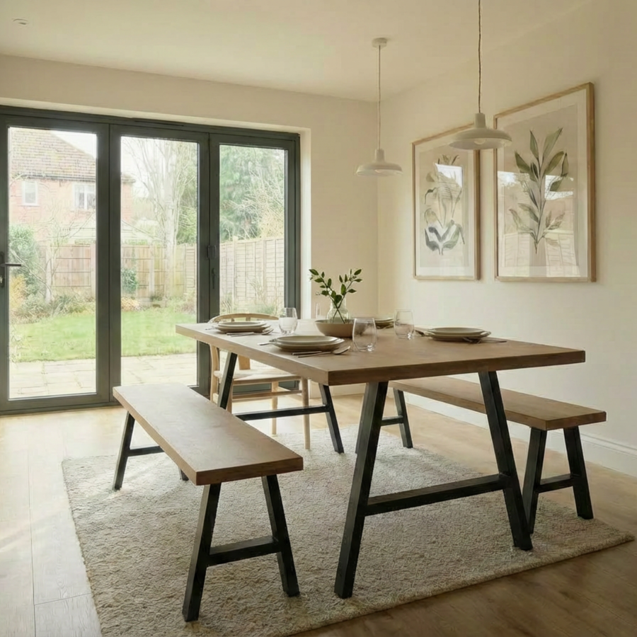 Solid oak dining table and bench set with industrial A frame steel legs in a modern kitchen, styled with chairs, natural light and open space
