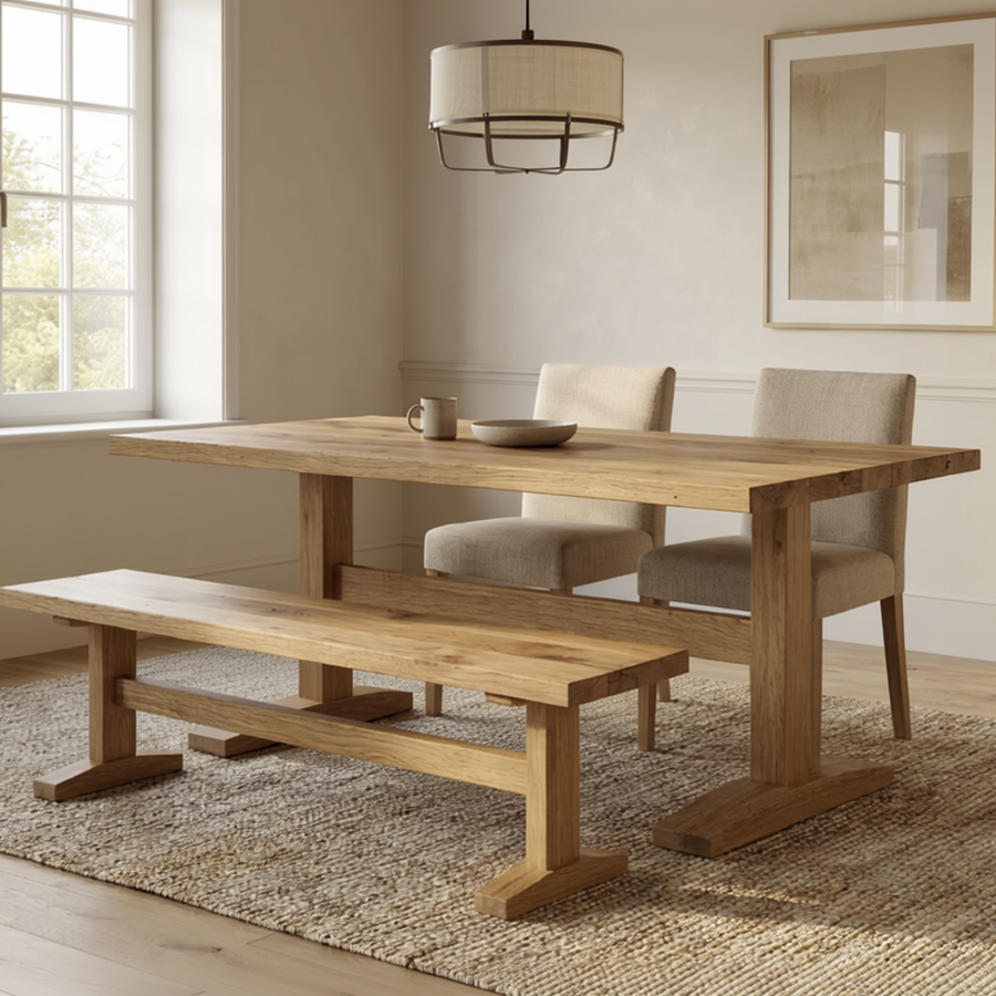 solid oak pedestal dining table with matching benches in modern dining room showing clean surface and open base design