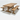 solid oak pedestal dining table and bench set with smooth top and central block base on white background showing full structure