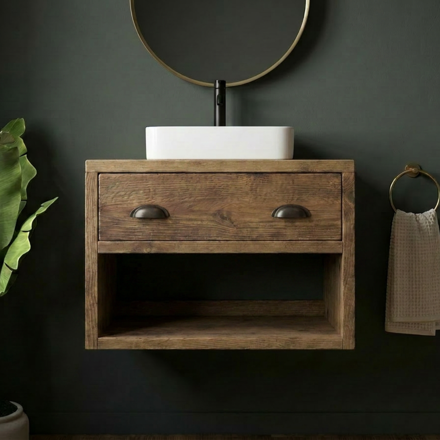a wall hung vanity unit with a drawer and open shelf