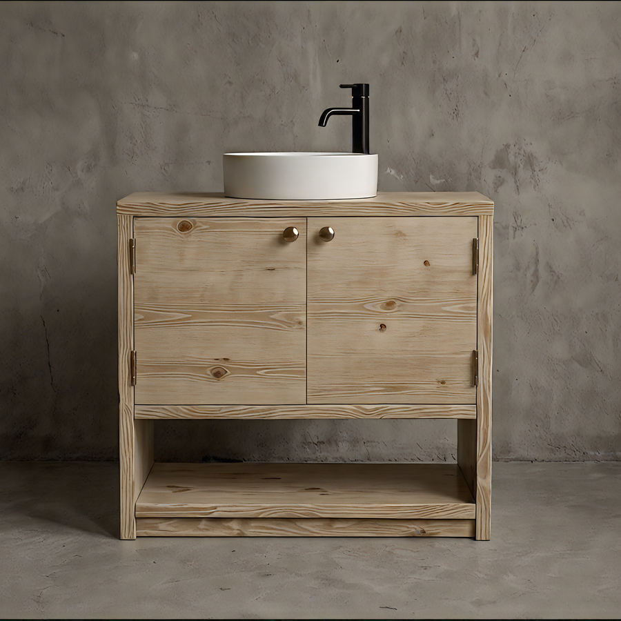 Wood vanity unit made from solid pine with natural wax finish