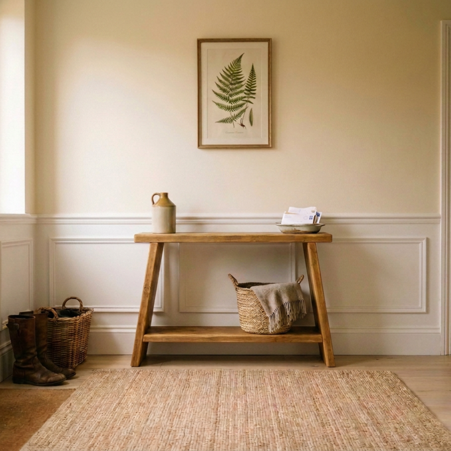 Rustic pine console table with a lower shelf on splayed A-frame legs, styled in a hallway