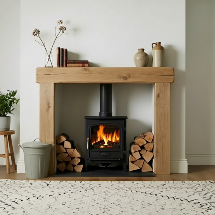 Solid oak fireplace surround framing wood burning stove with light rustic finish