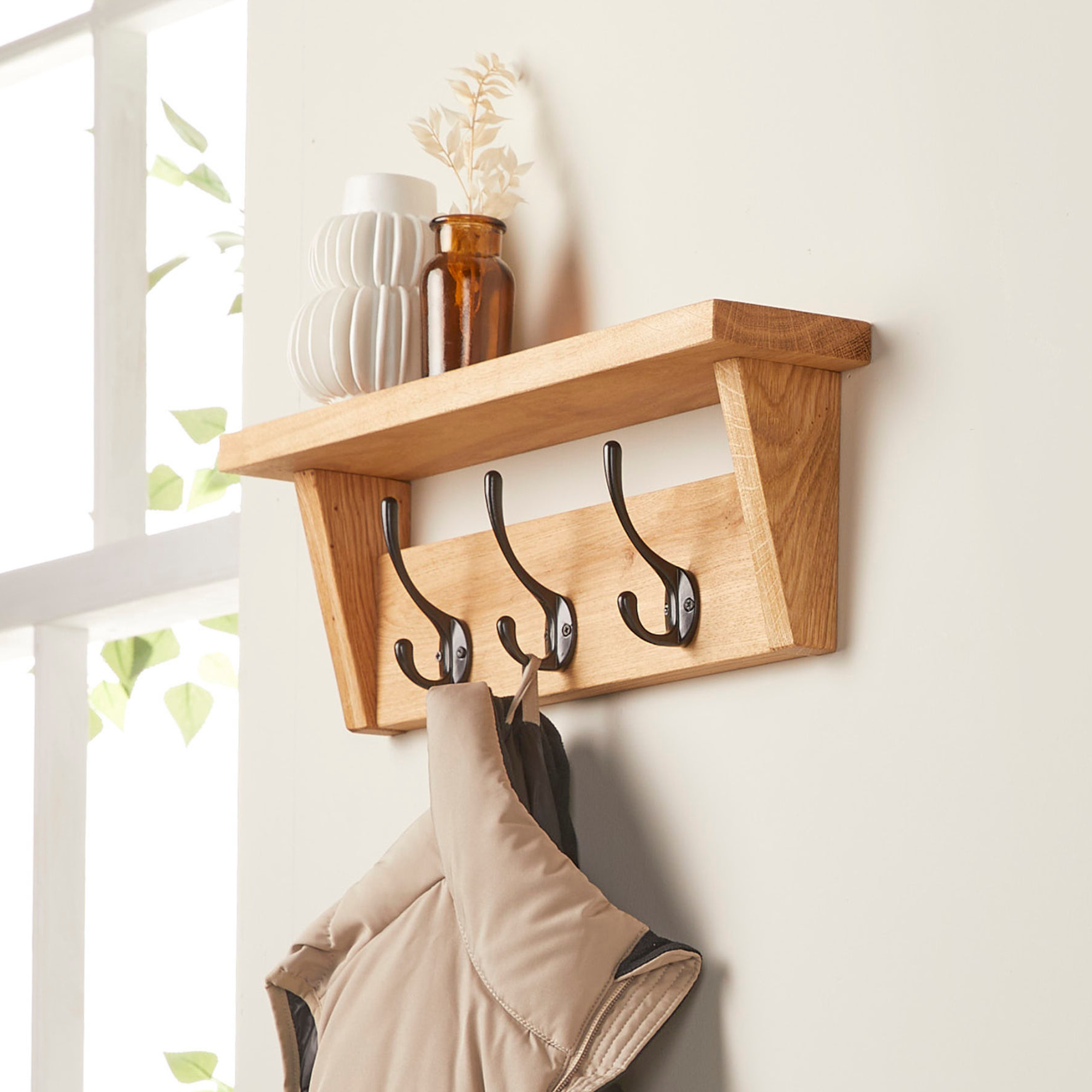 Solid Oak Coat Rack with Storage Shelf  Handmade Wooden Coat Hooks - Off  the Grain