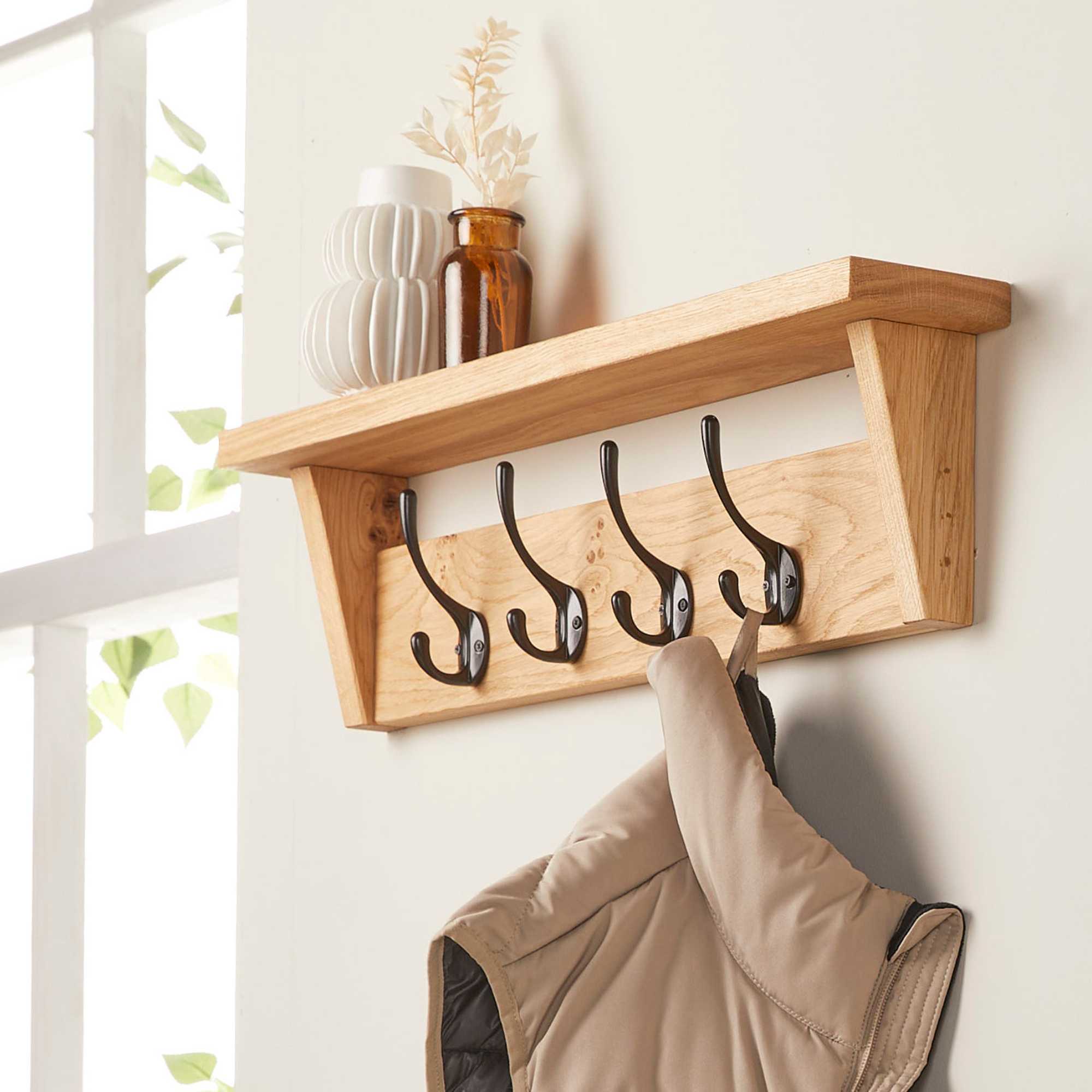 Solid Oak Coat Rack with Storage Shelf Handmade Wooden Coat