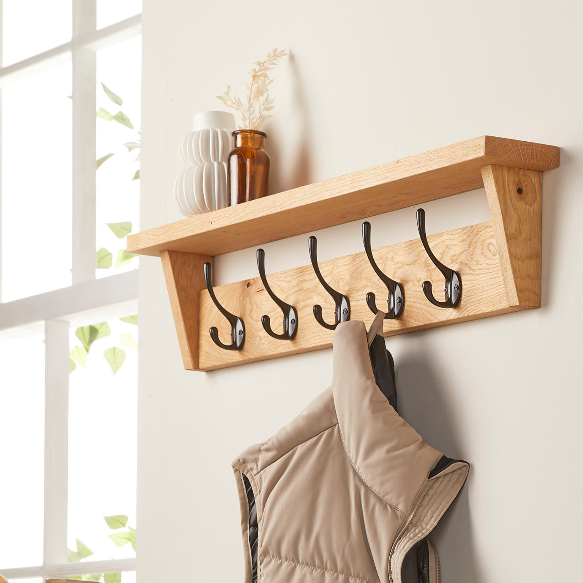 Solid Oak Coat Rack with Storage Shelf Handmade Wooden Coat