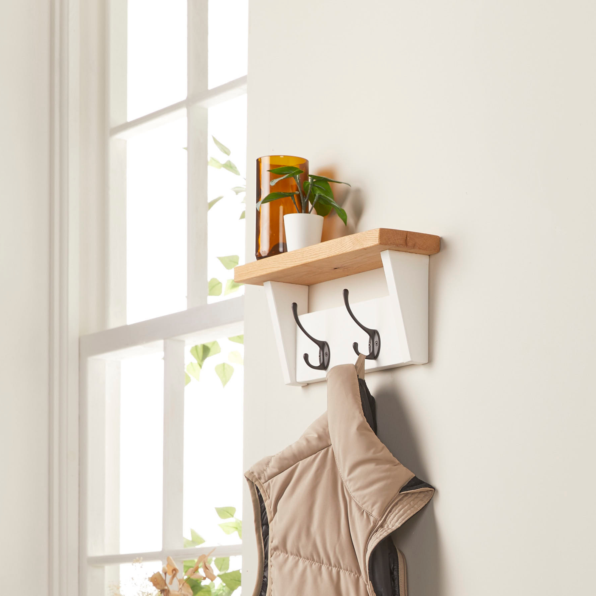 Solid Oak Coat Rack with Storage Shelf