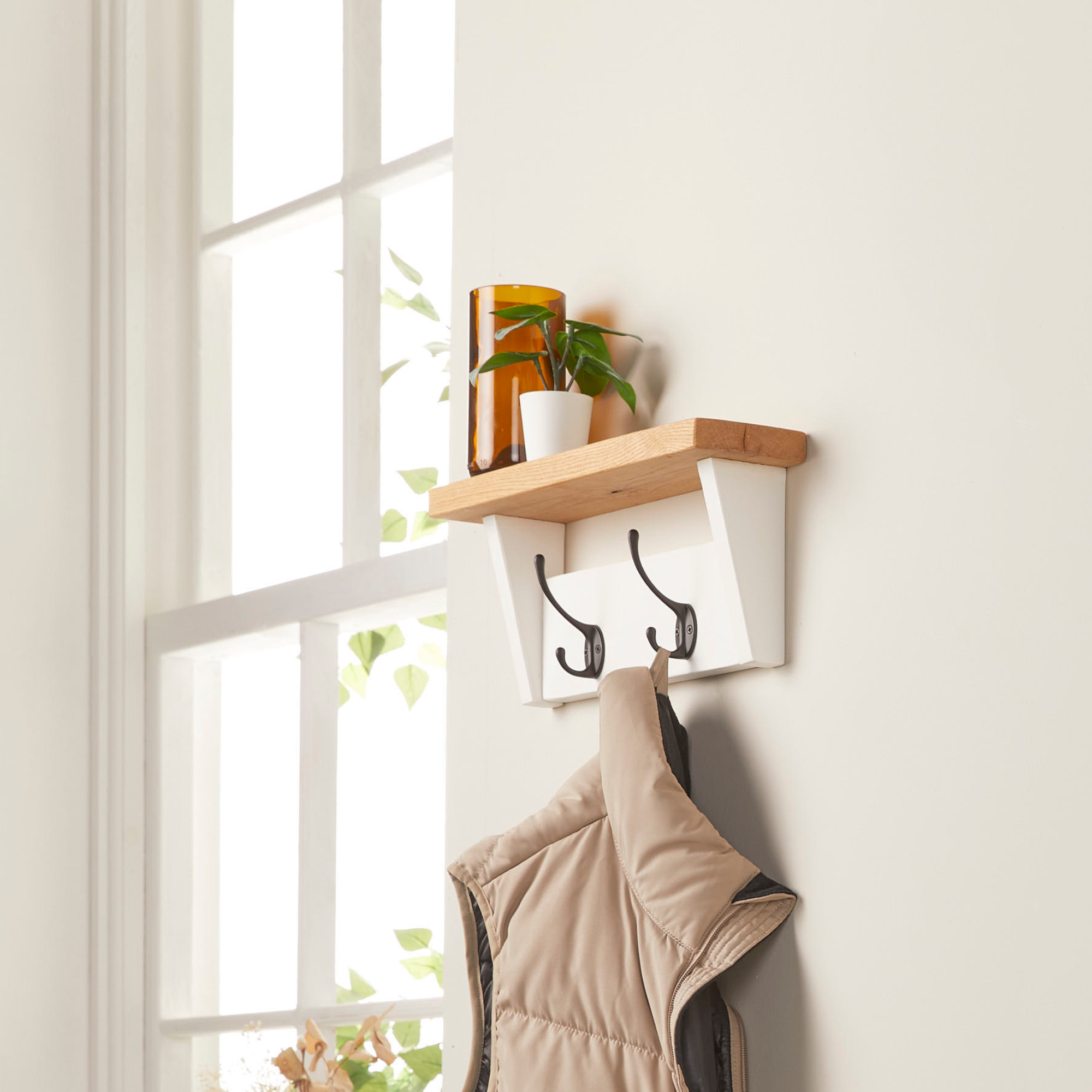 White Painted Coat Rack with Oak Shelf Off the Grain