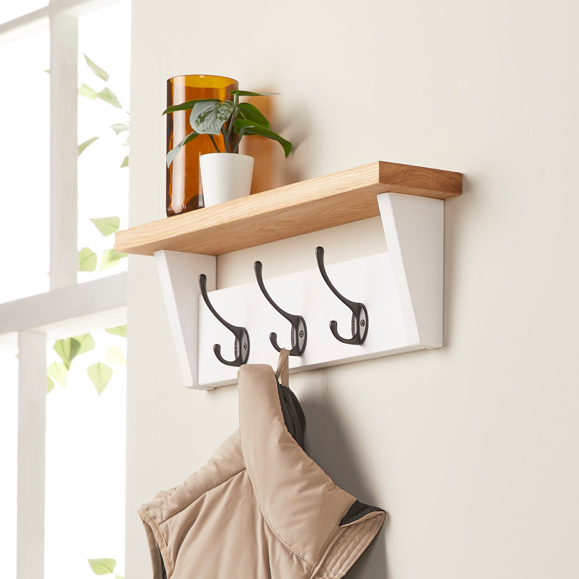 White Painted Coat Rack with Oak Shelf - Off the Grain