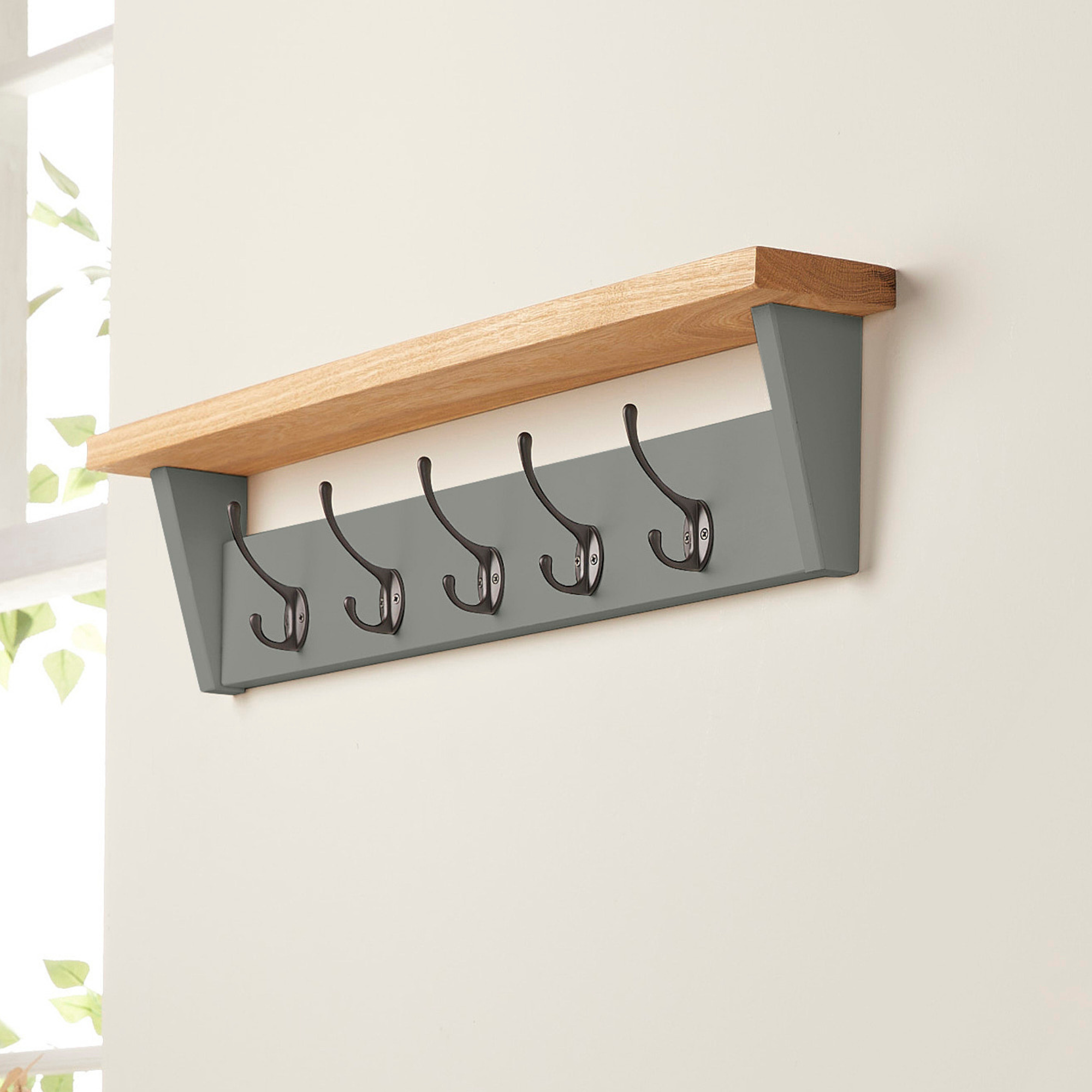 Grey Coat Rack with Shelf  Solid Wood Painted Coat Hooks & Shelf